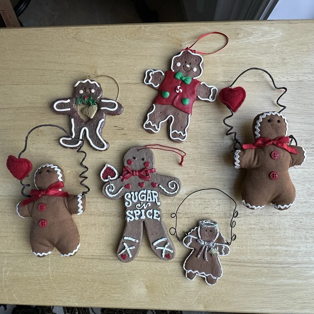Vintage Gingerbread Man Boy Girl Christmas Tree Holiday Ornaments Lot Of 6